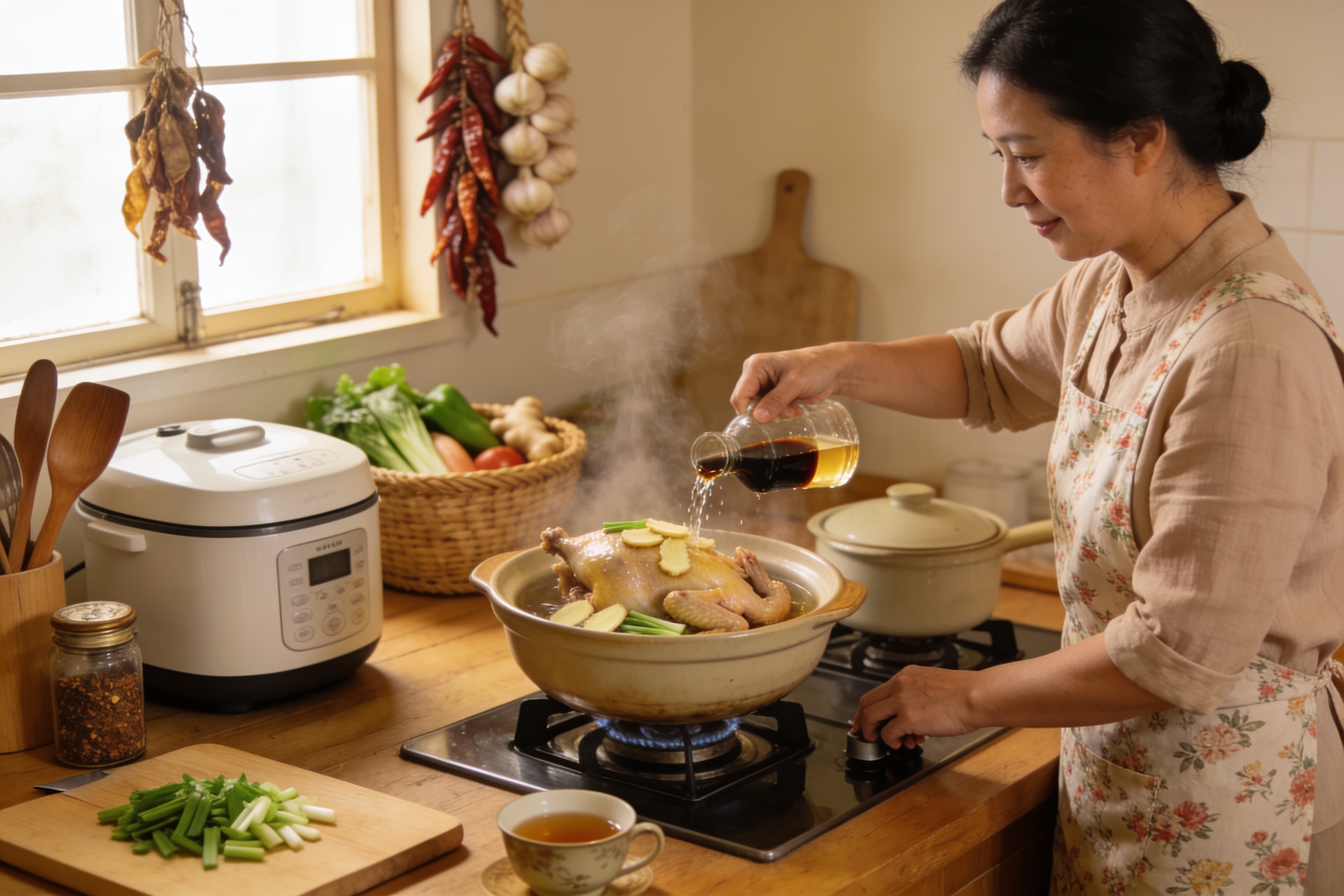 家庭生活场景中妈妈准备传统美食童子鸡的真实记录画面，展现日常烹饪过程和家庭氛围