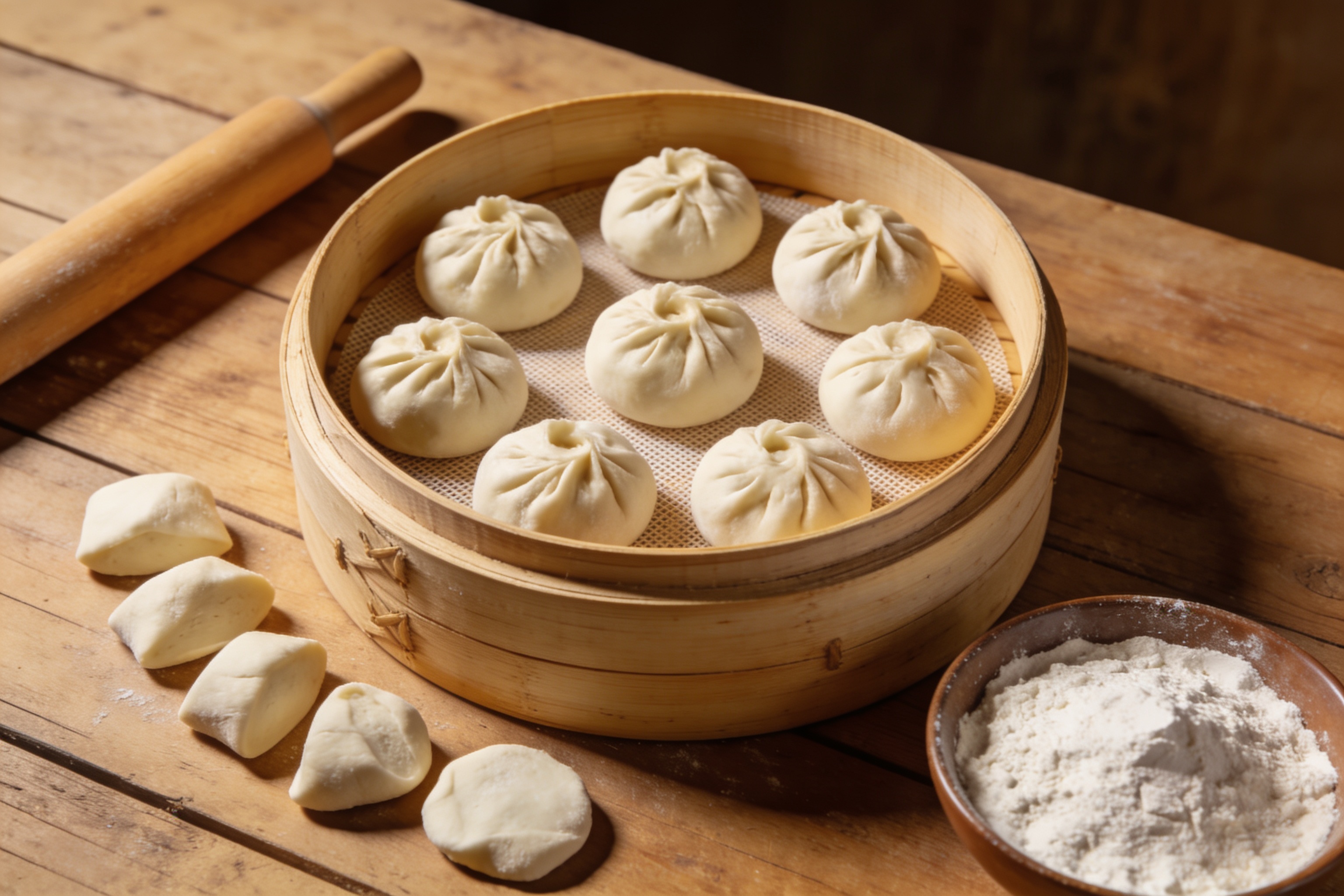 传统蒸笼中的手工包子制作